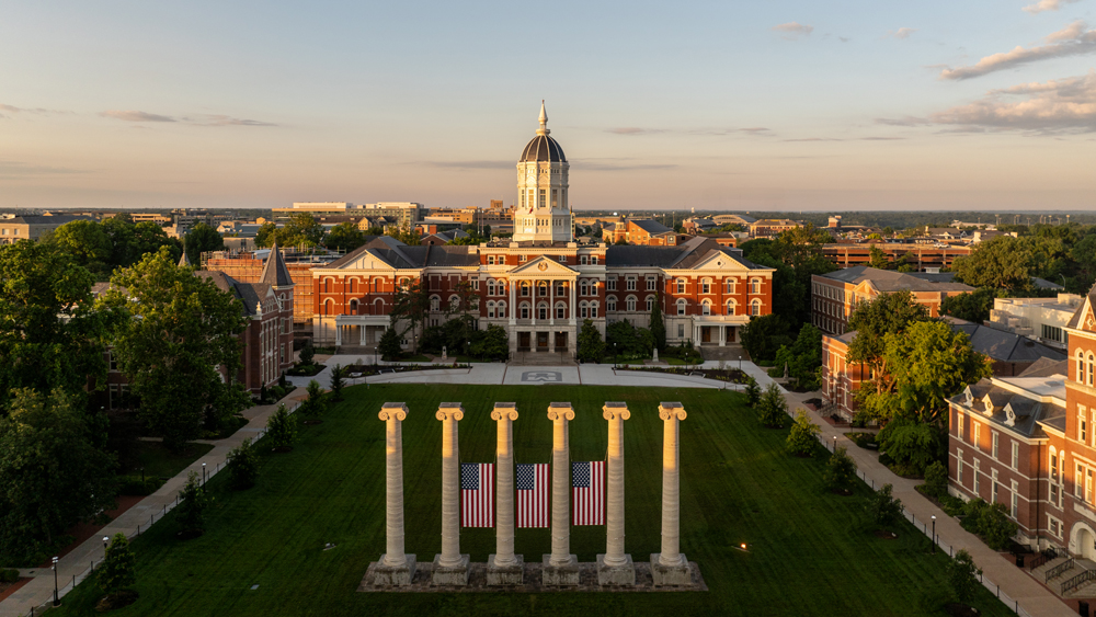 Jesse Hall at Mizzou, drone view at sunrise